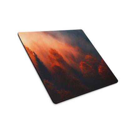 Premium large forest sunrise gaming mouse pad with orange hues and tree silhouettes