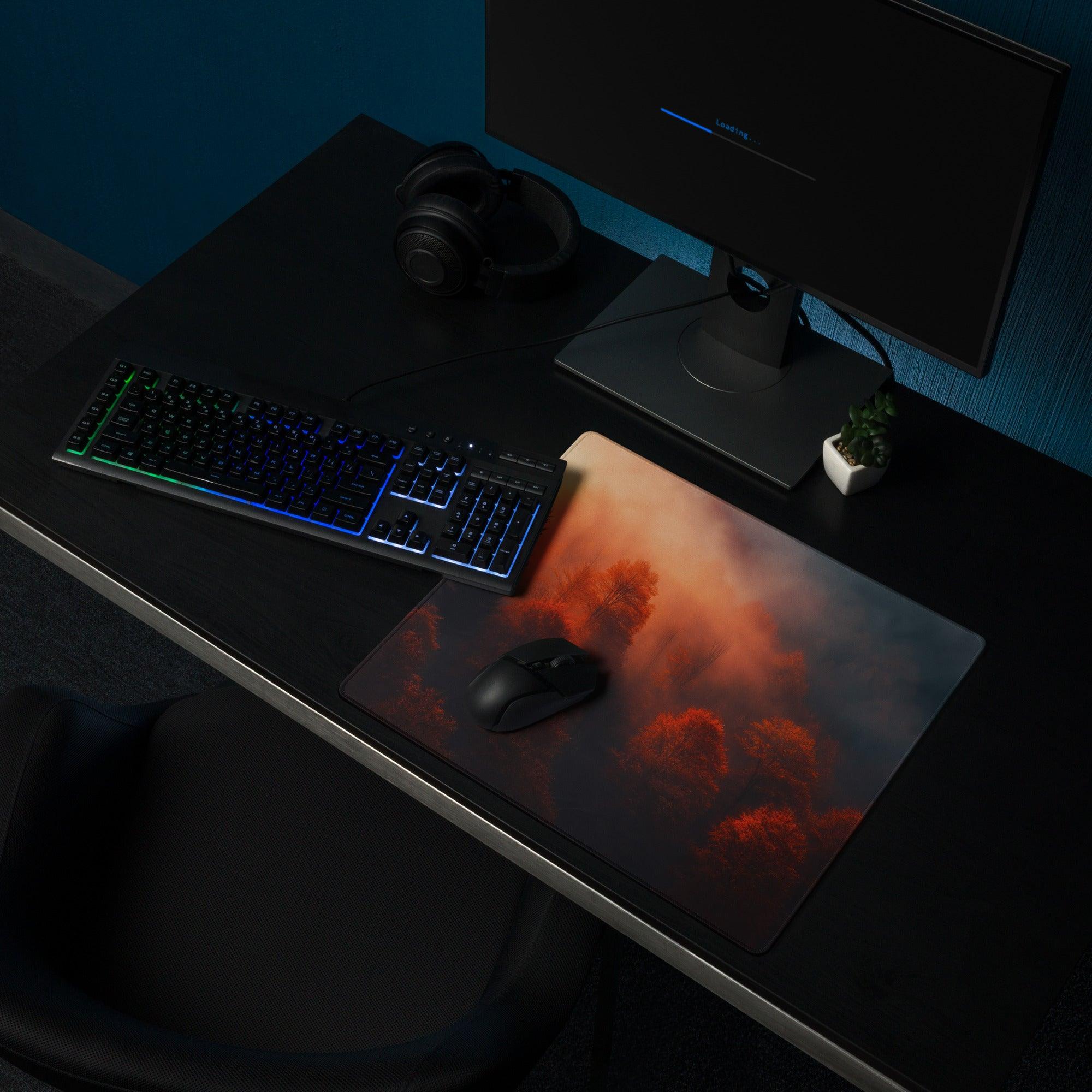 Premium large forest sunrise gaming mouse pad with red orange clouds and mouse
