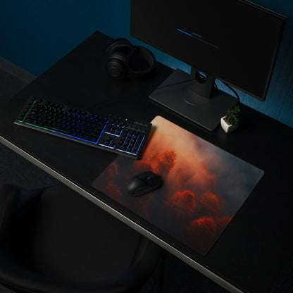 Premium large forest sunrise gaming mouse pad with red orange clouds and mouse