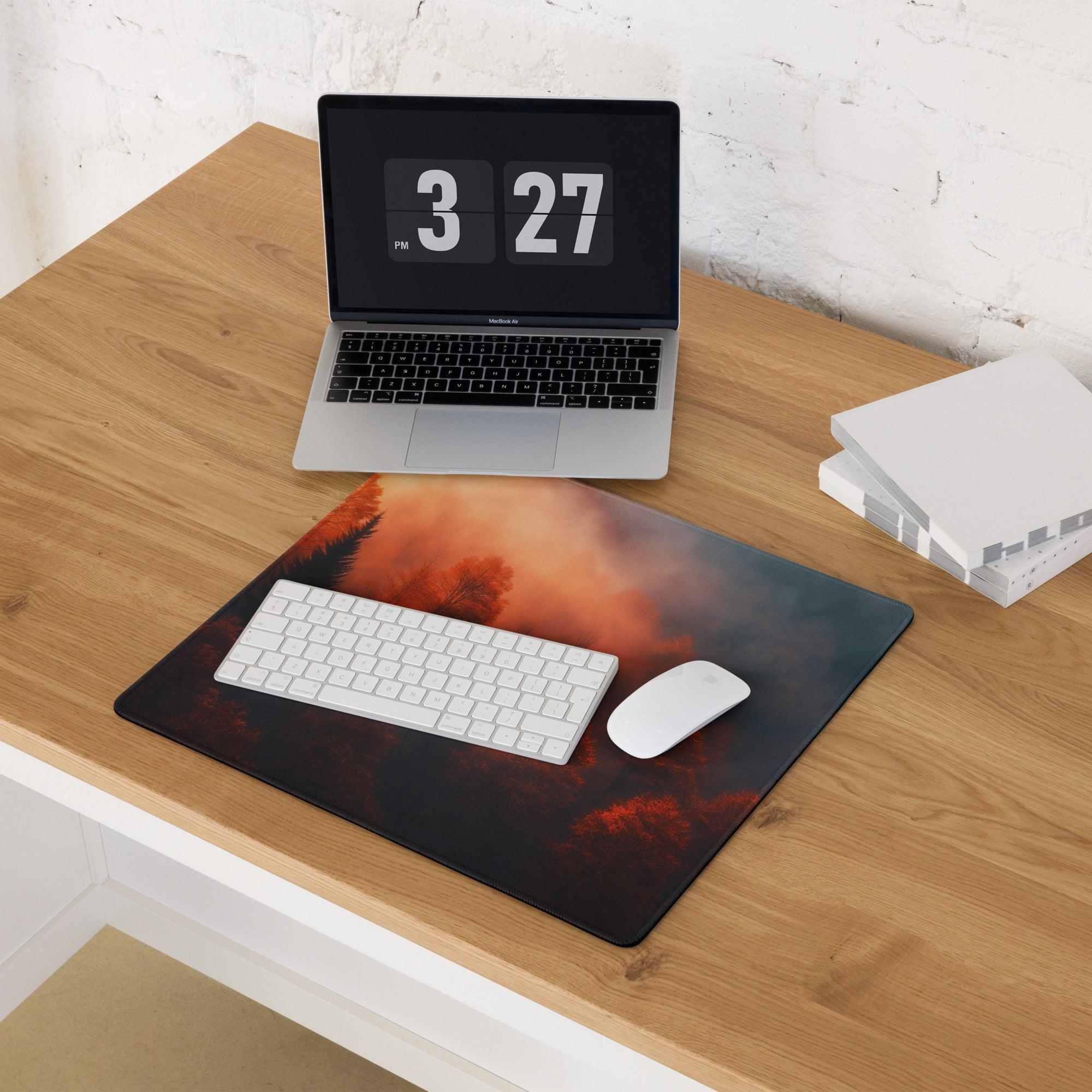 Premium large forest sunrise gaming mouse pad with fiery orange black design
