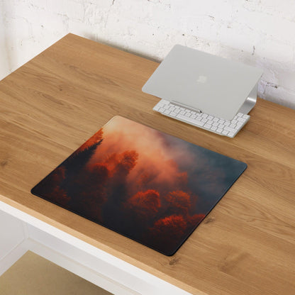 Premium large forest sunrise gaming mouse pad with fiery orange clouds and dark trees