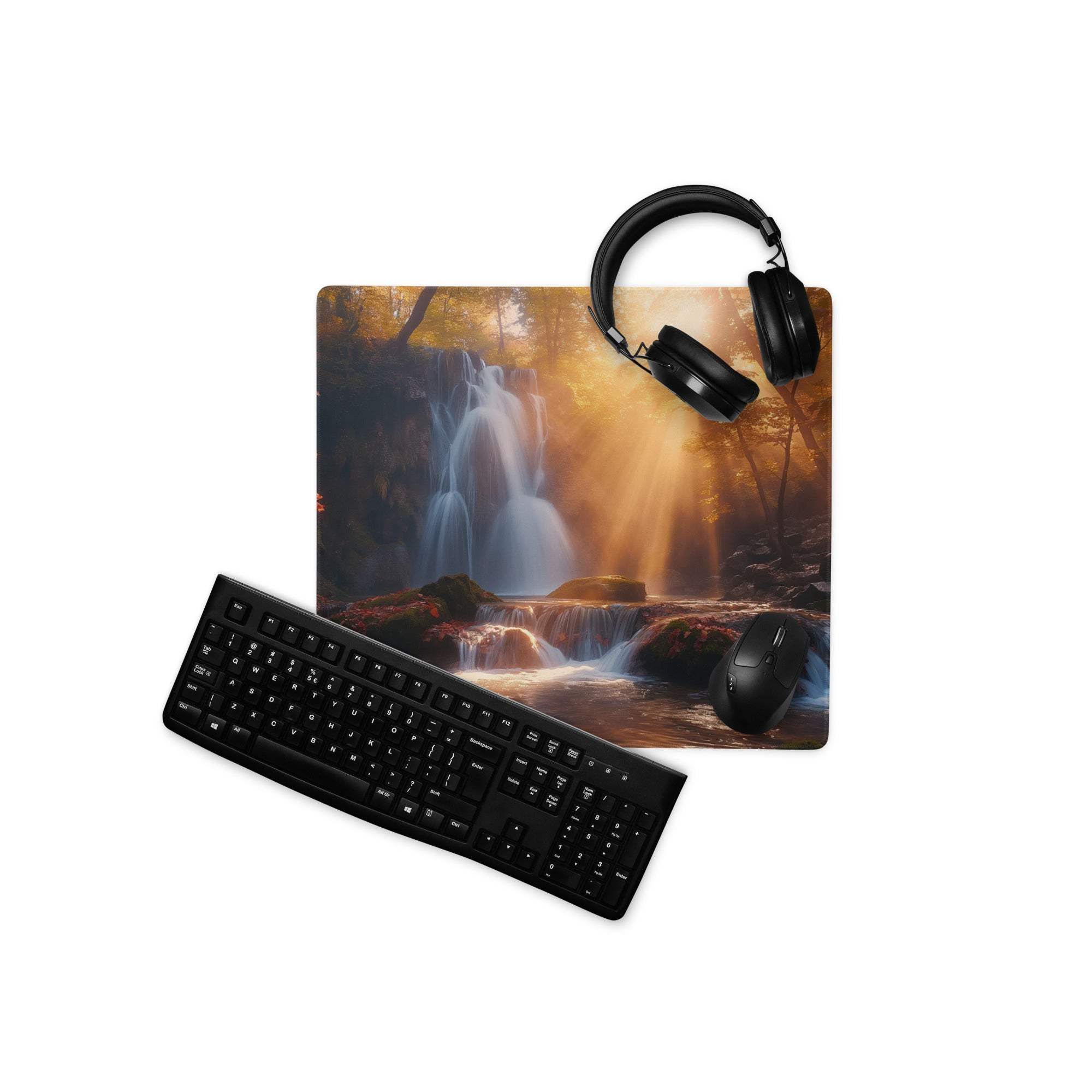Epic Waterfall gaming mat with black keyboard, mouse, headphones