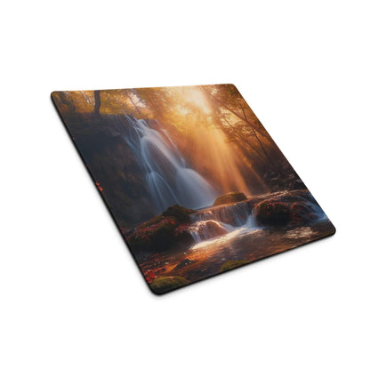 Square coaster with epic waterfall in autumn forest, golden sunlight, non-slip base