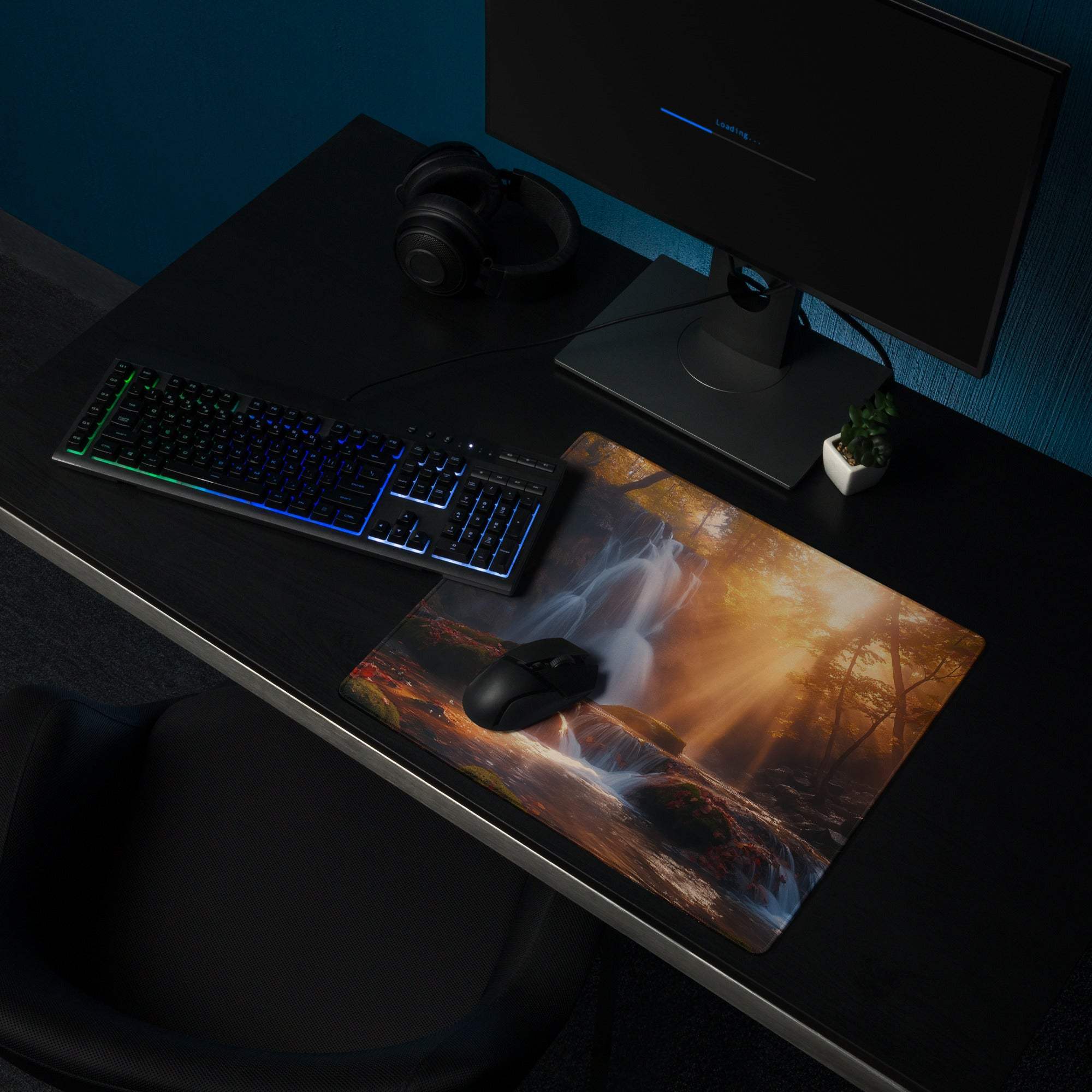 Epic Waterfall Scene Gaming Mouse Pad with Golden Hour Light, Large Non-Slip