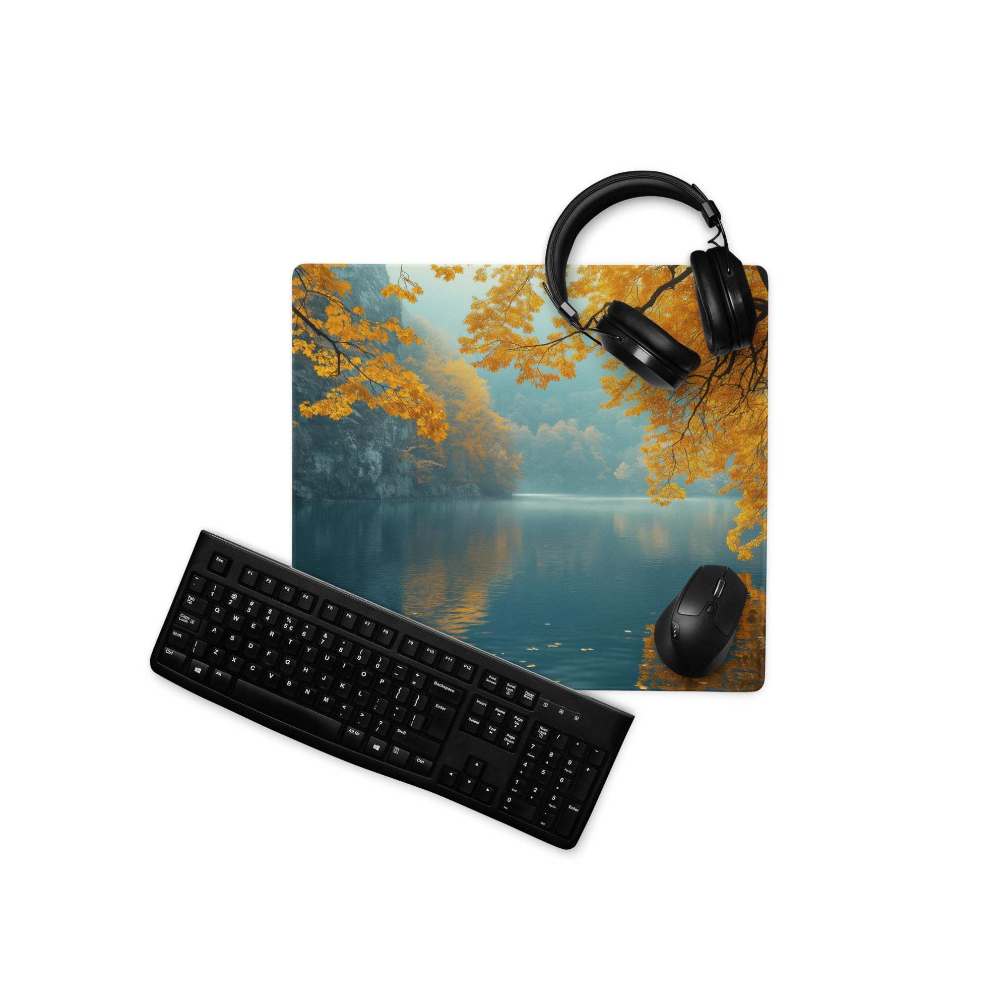 Autumn orange leaves over lake gaming mouse pad with headphones