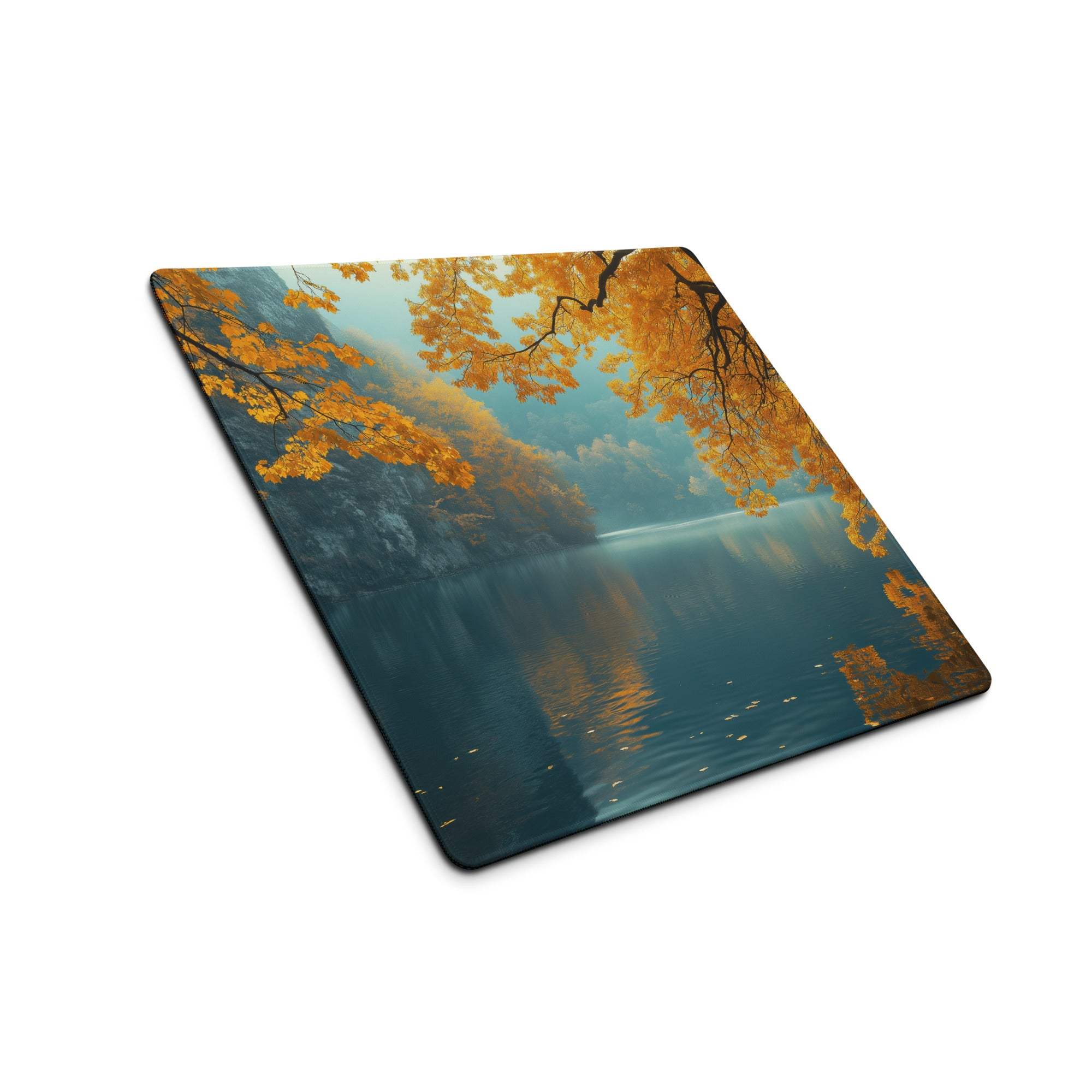 Large autumn orange leaves over lake gaming mouse pad with non-slip backing