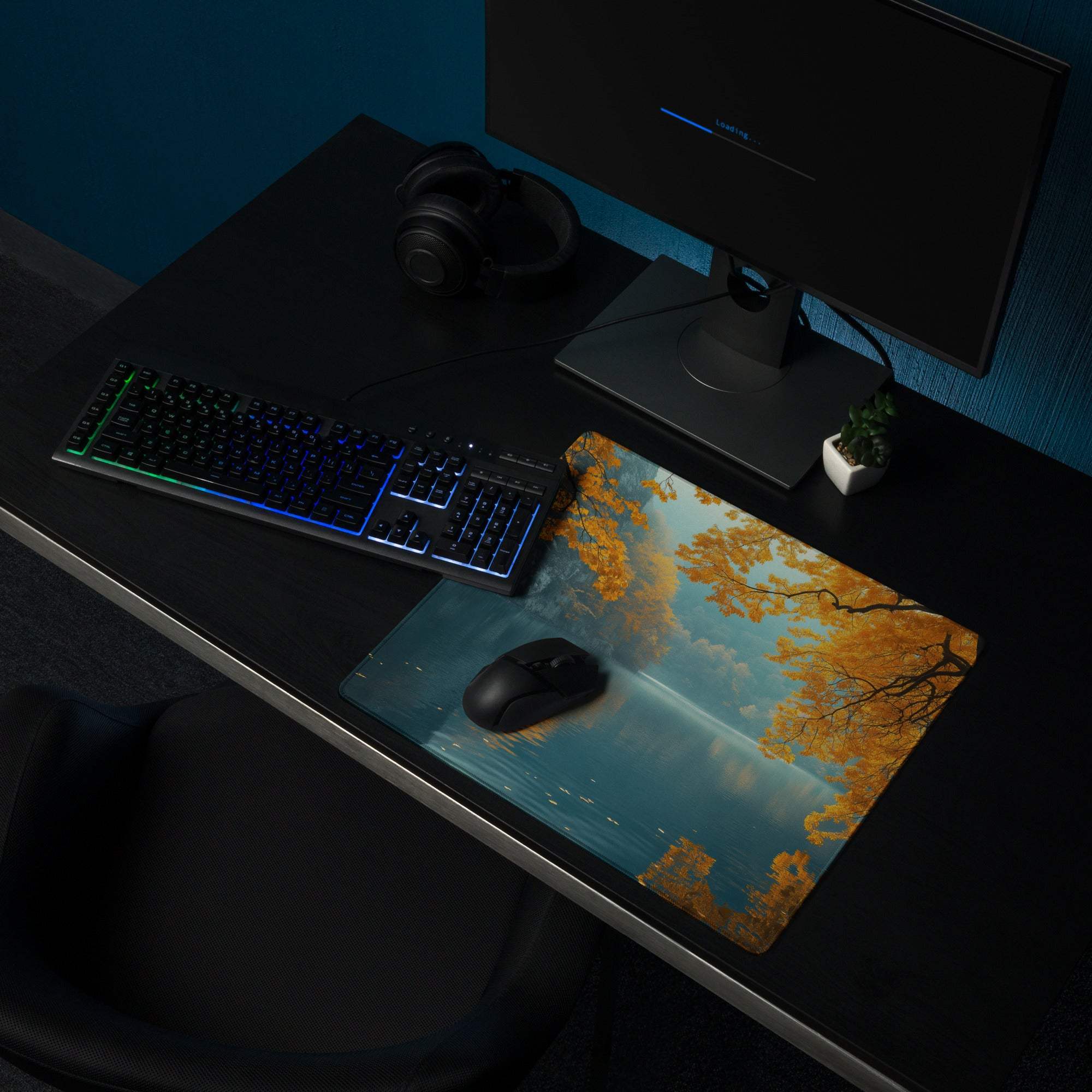 Autumn orange leaves over lake gaming mouse pad with non-slip backing