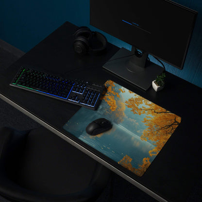 Autumn orange leaves over lake gaming mouse pad with non-slip backing
