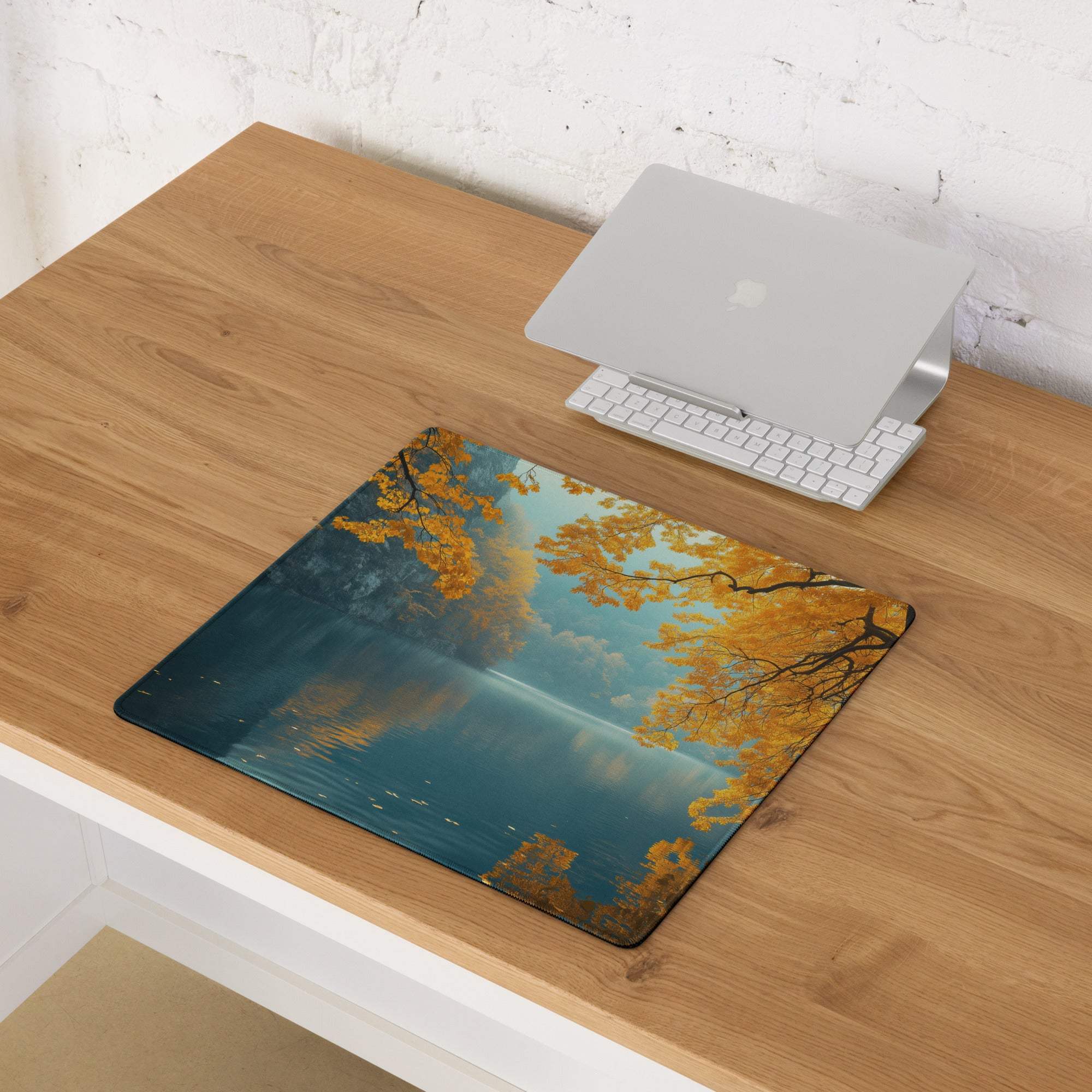 Large autumn orange leaves lake gaming mouse pad with non-slip backing
