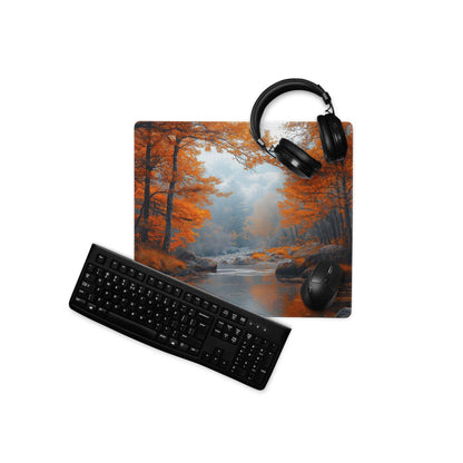 Black matte keyboard on Autumn Forest gaming mouse pad