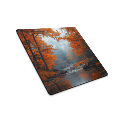 Autumn forest scene rectangular cutting board with orange trees and misty water