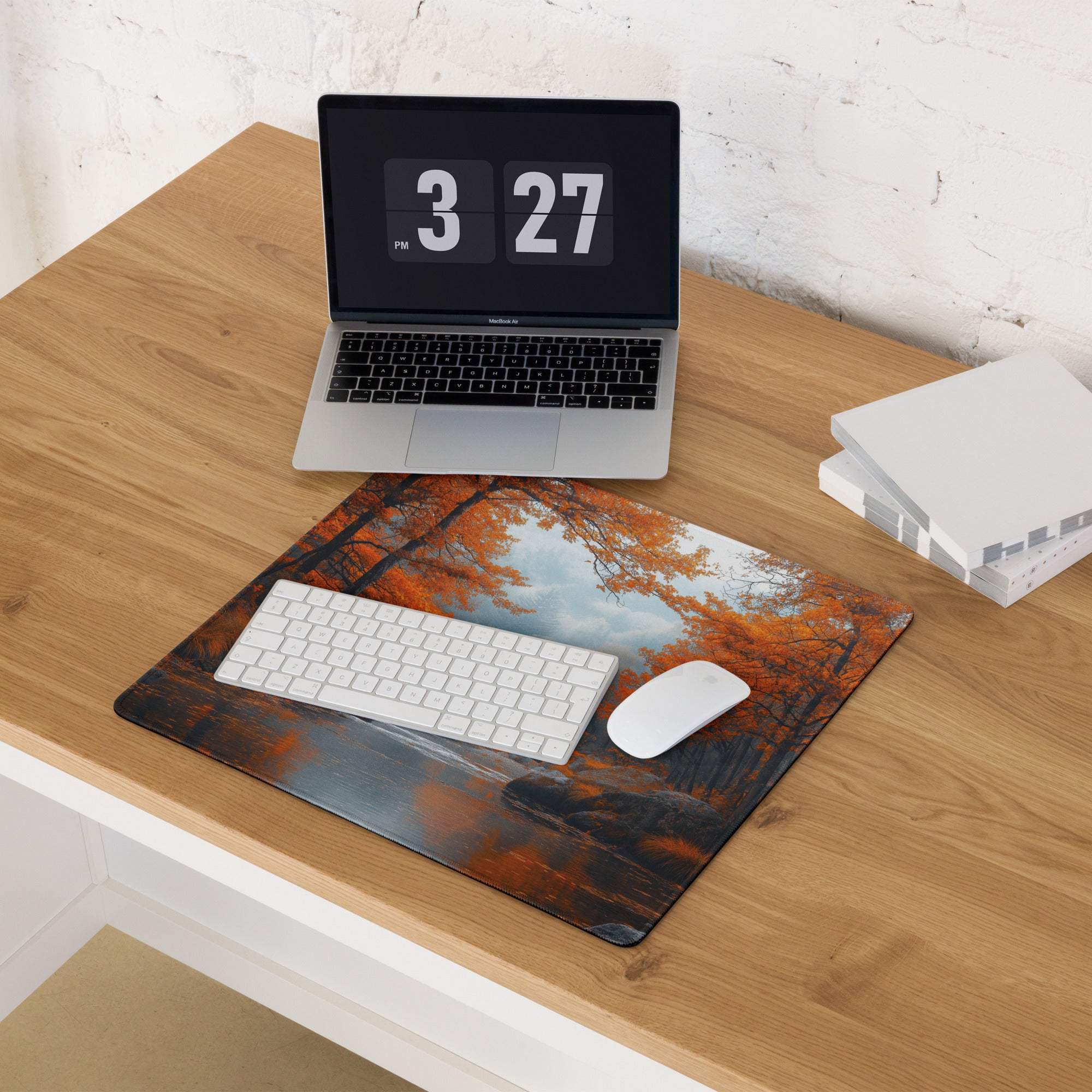 Large autumn forest gaming mouse pad with non-slip backing and stitched edges