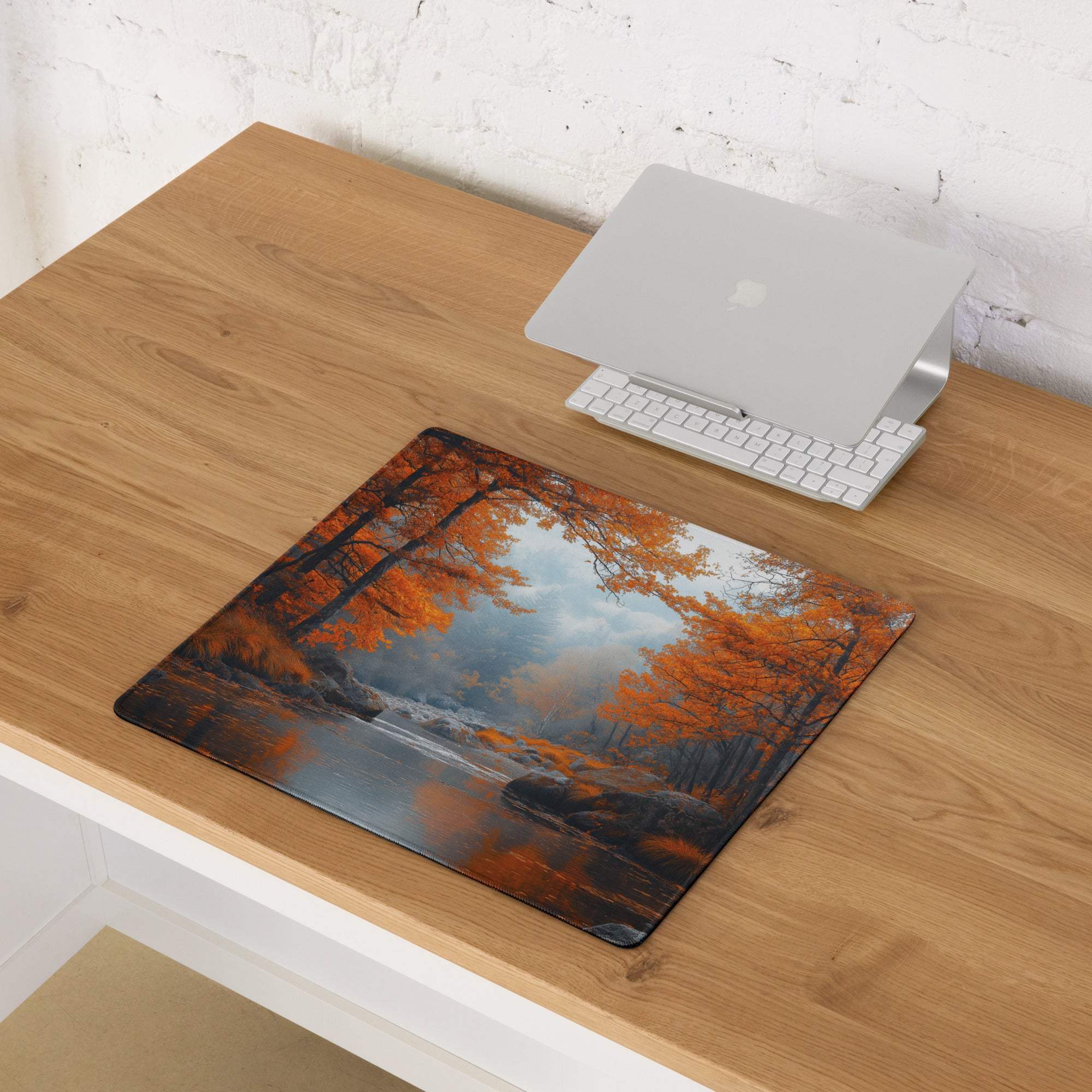 Large Autumn Forest gaming mouse pad with orange trees reflection, non-slip backing