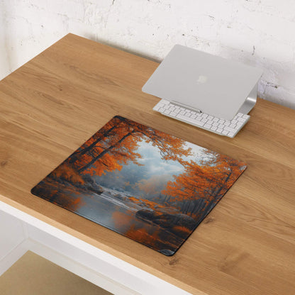 Large Autumn Forest gaming mouse pad with orange trees reflection, non-slip backing