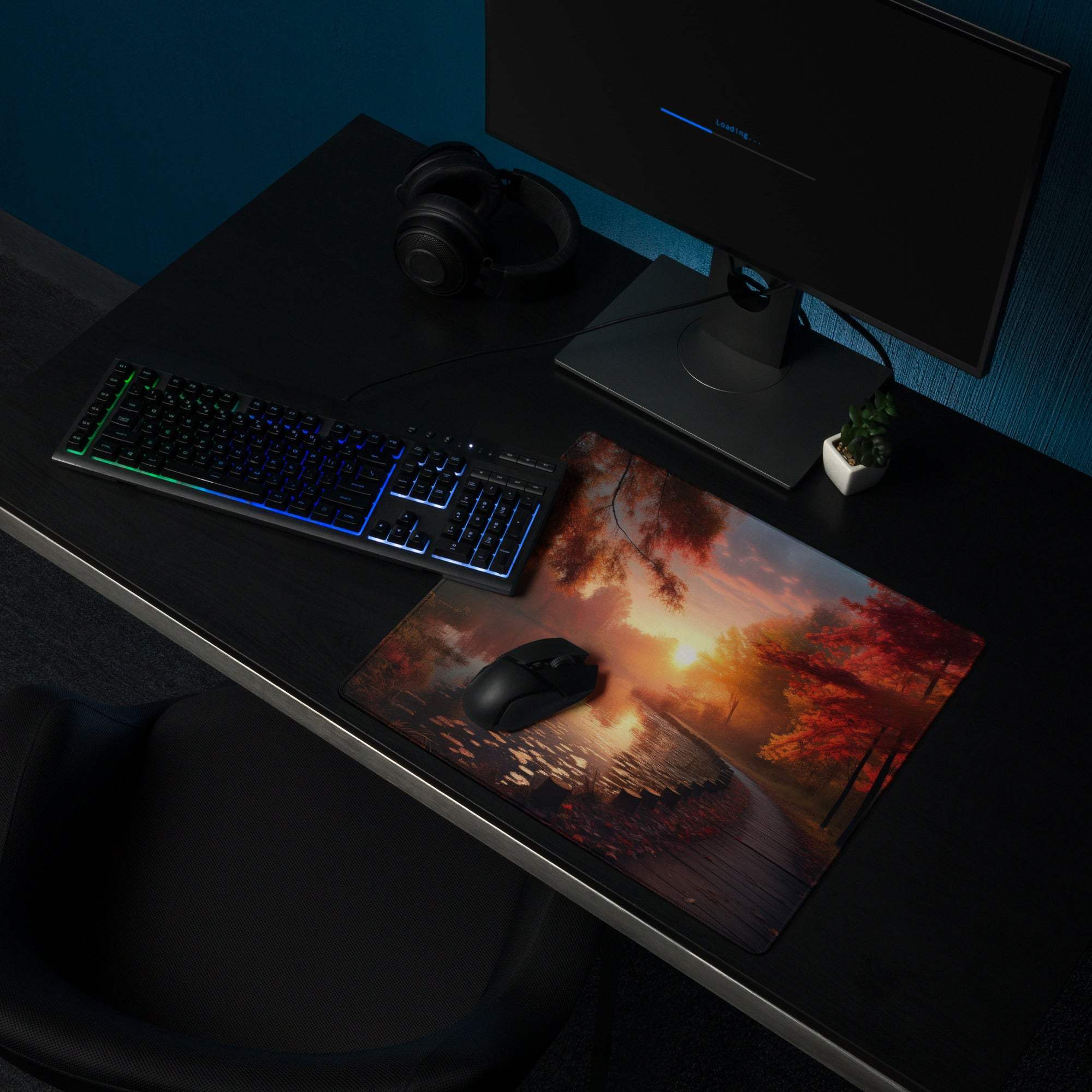 Large Autumn Sunset gaming mouse pad with fiery trees, road, reflective water