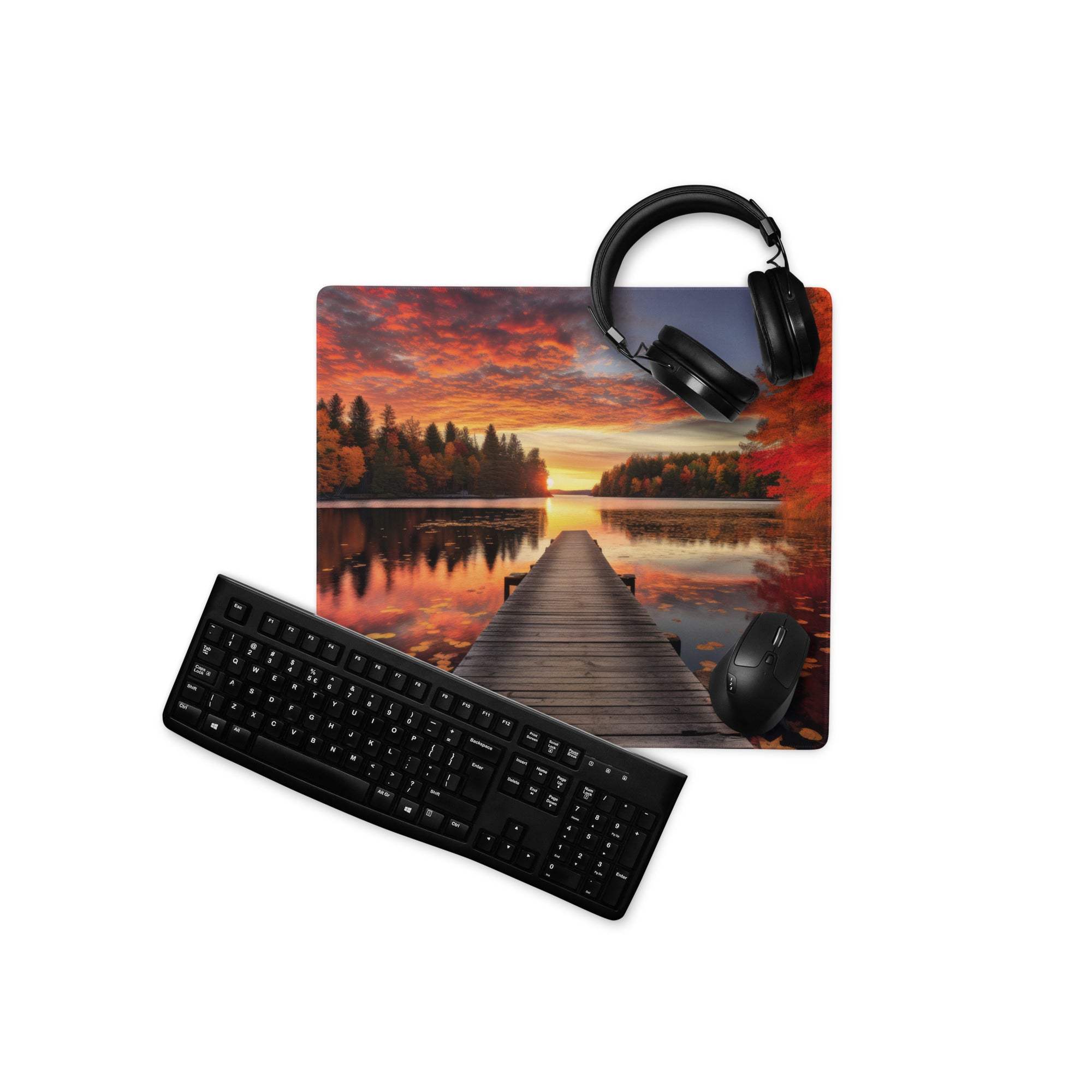 Black matte keyboard on Autumn Sunset Lake Dock gaming mouse pad
