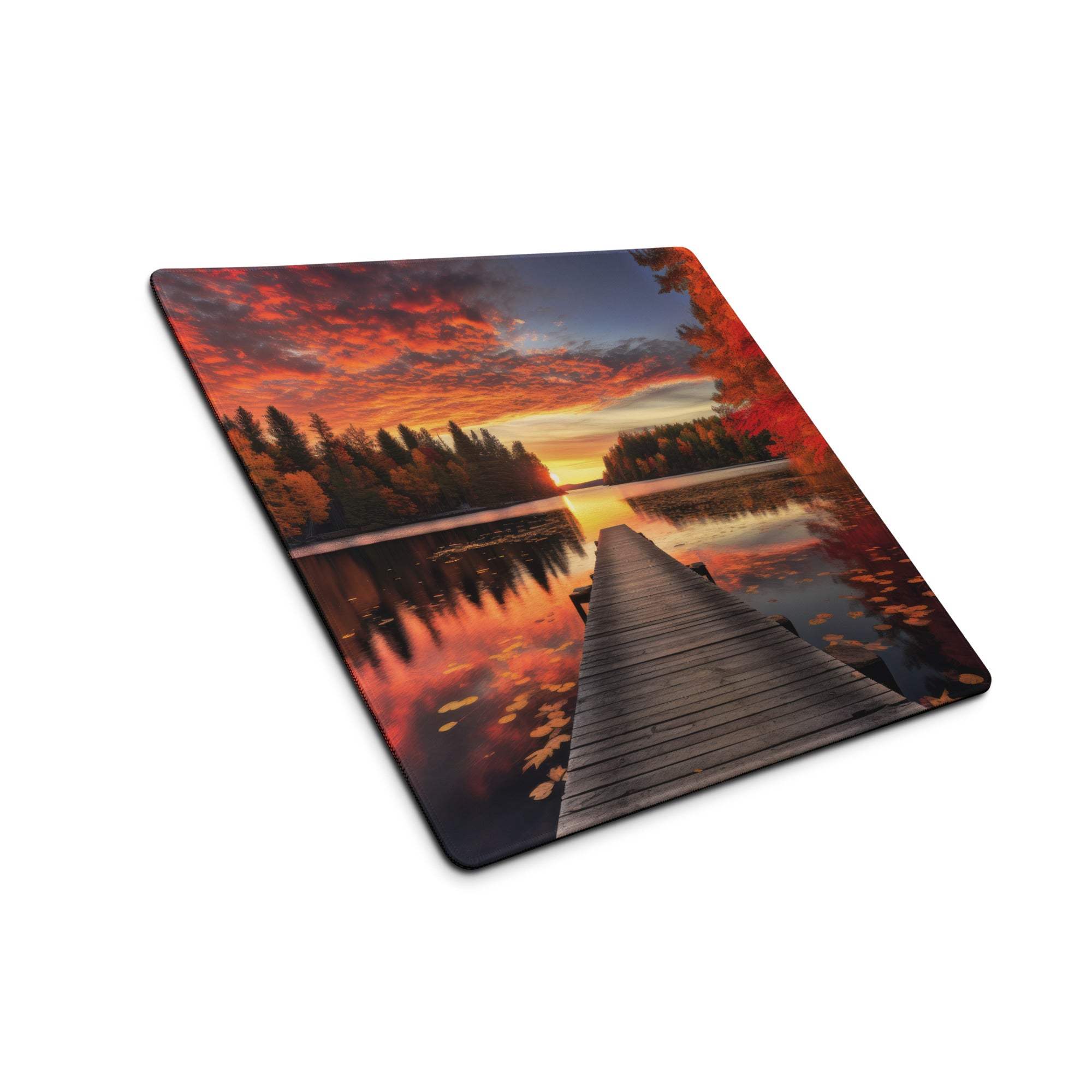 Large Autumn Sunset Lake Dock gaming mouse pad with non-slip base