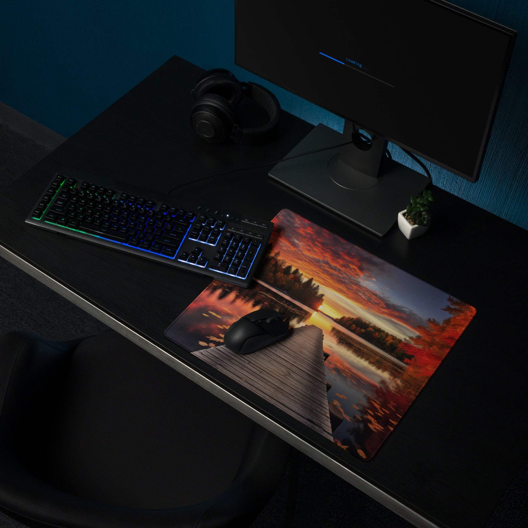 Large Autumn Sunset Lake Dock gaming mouse pad with non-slip base