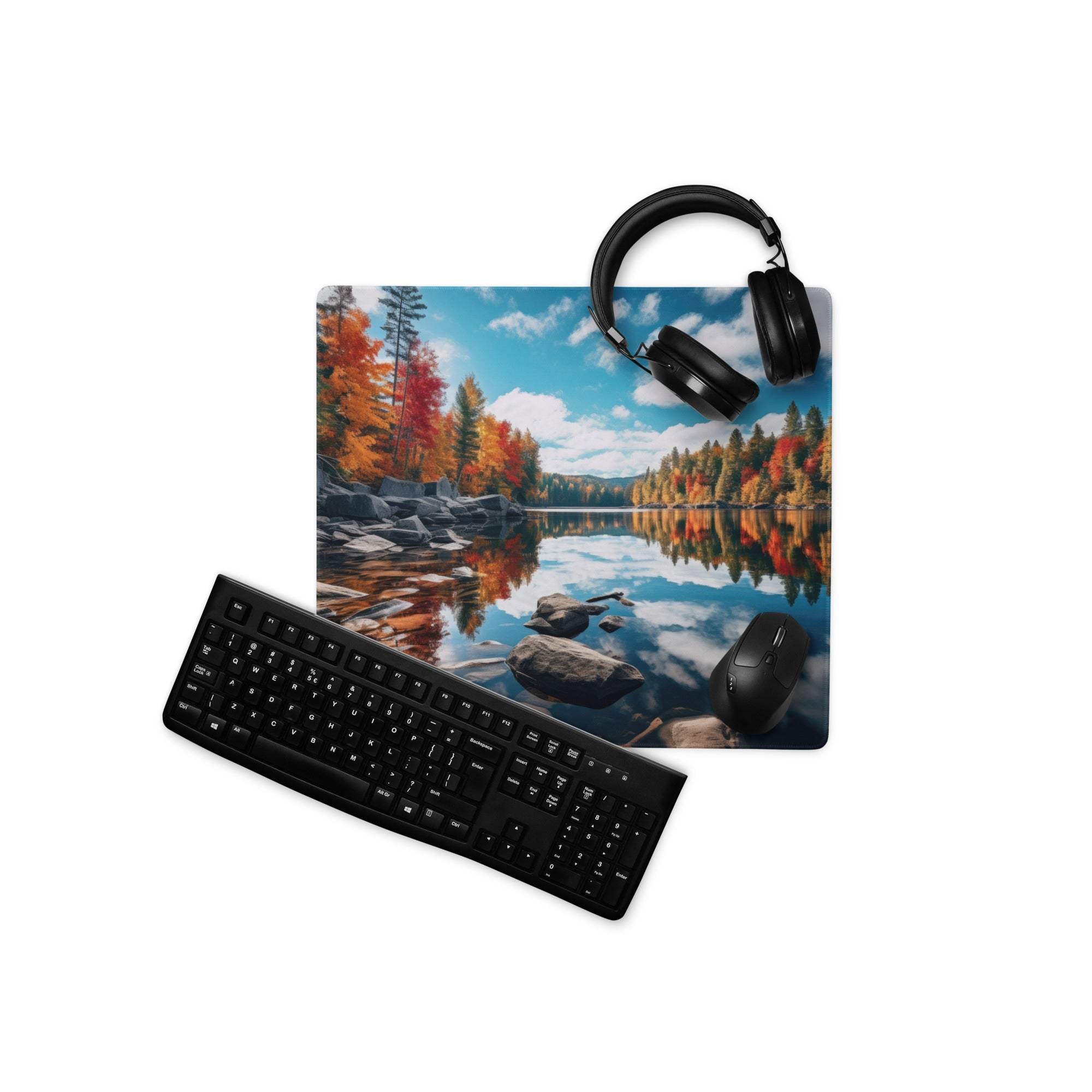 Black matte finish QWERTY keyboard on Autumn Forest Lake mouse pad