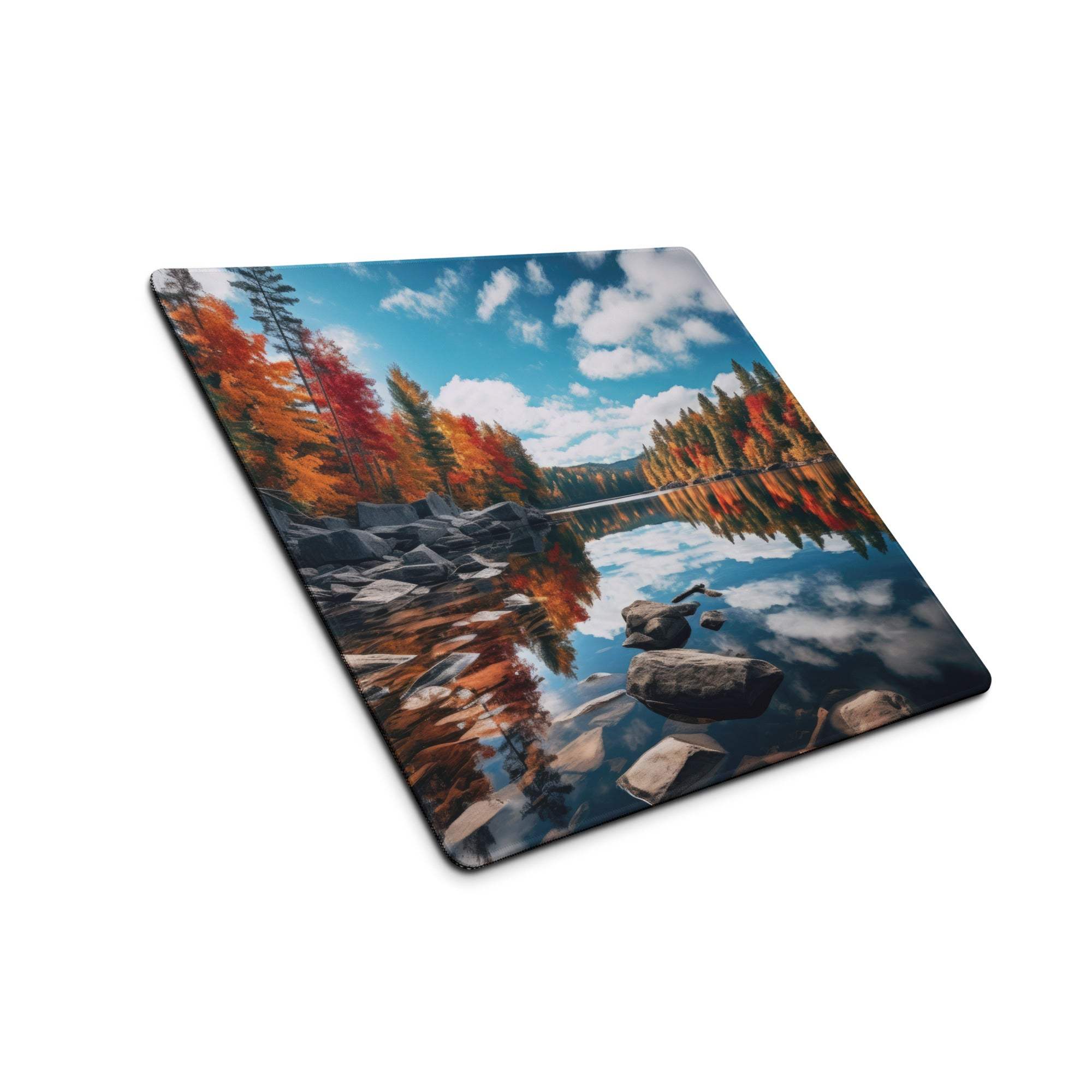 Large Autumn Forest Lake gaming mouse pad with orange trees, lake reflection, non-slip base