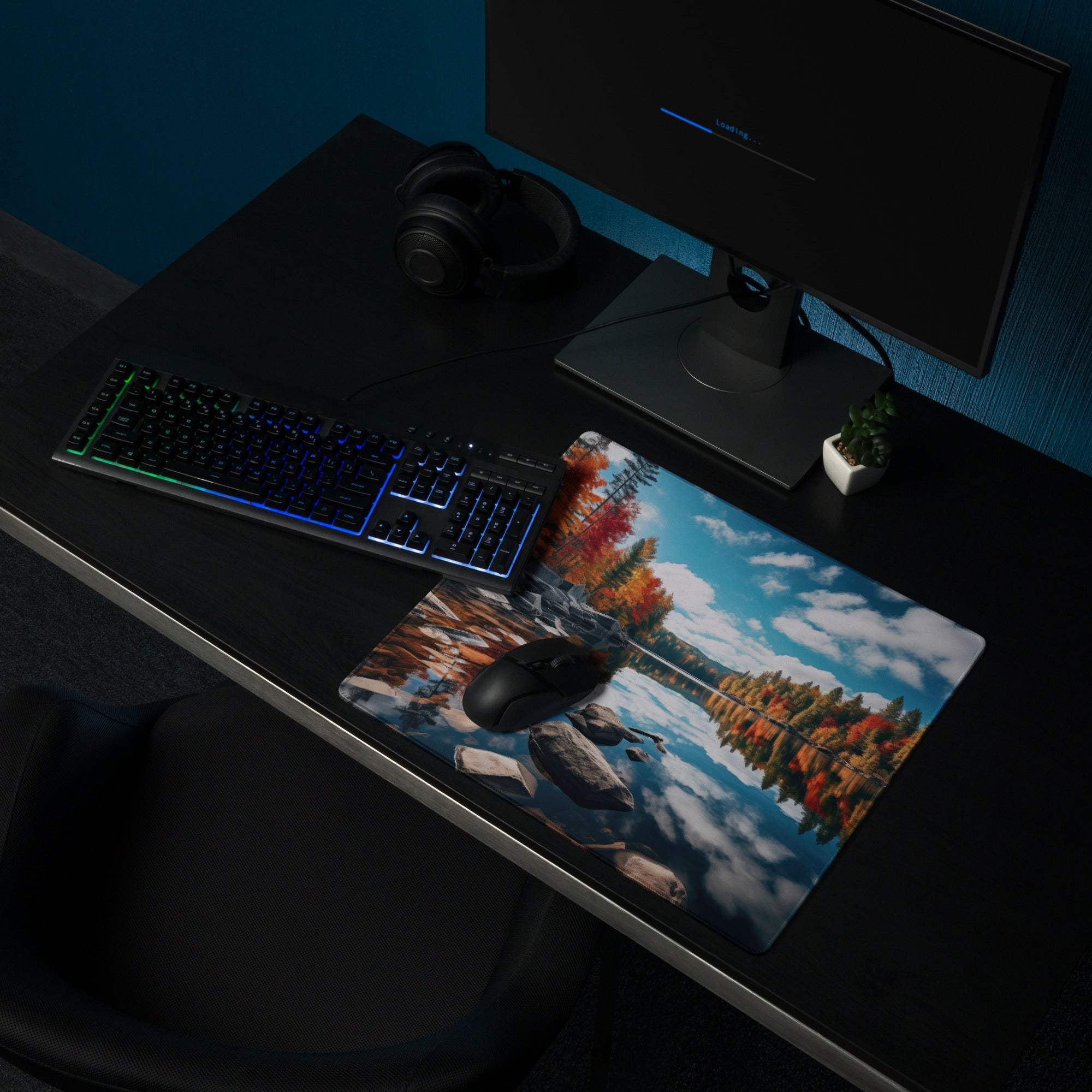Large Autumn Forest Lake gaming mouse pad with vibrant landscape and non-slip base