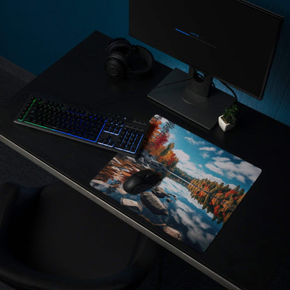Large Autumn Forest Lake gaming mouse pad with vibrant landscape and non-slip base