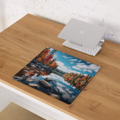 Large Autumn Forest Lake gaming mouse pad with vibrant orange trees reflected in water
