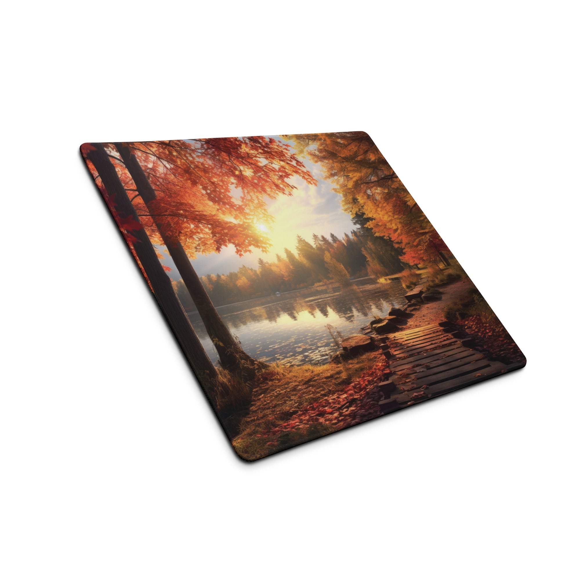 Large Autumn Forest Lake gaming mouse pad with red trees, lake, non-slip base