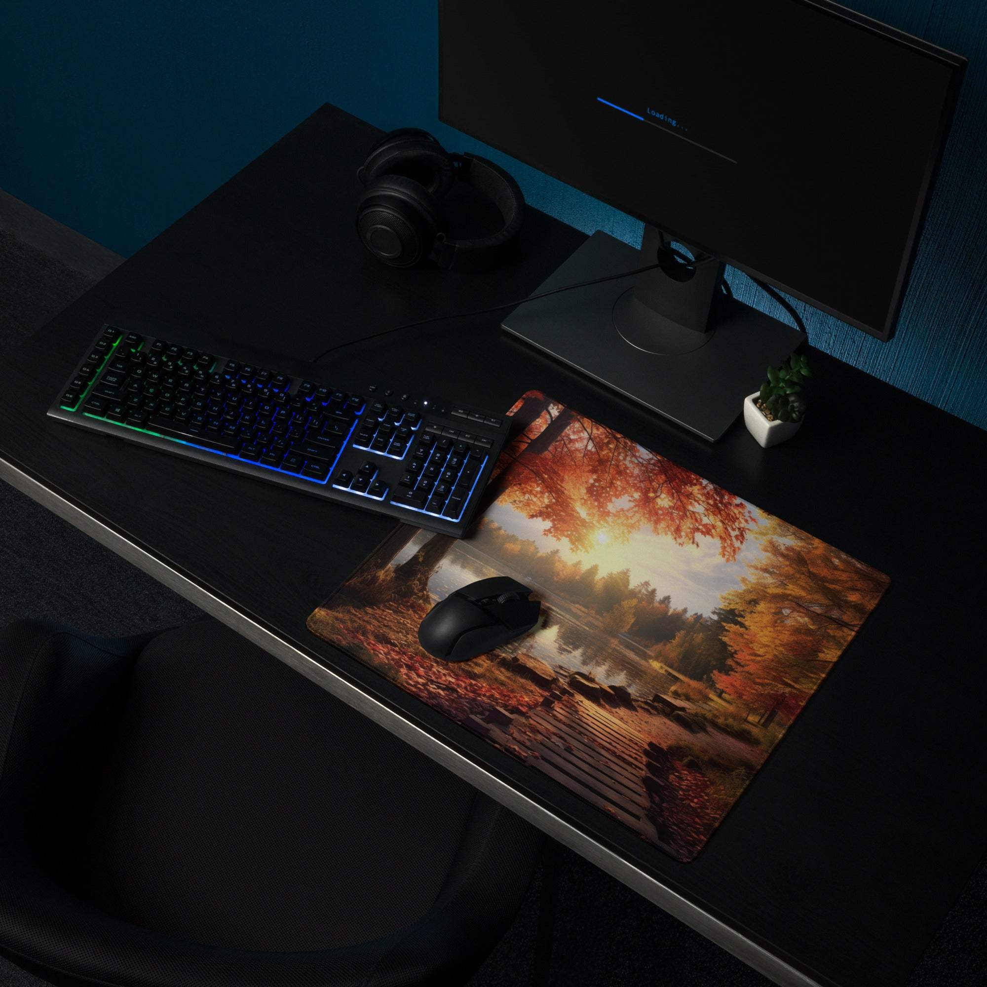 Autumn Forest Lake Scene gaming mouse pad with orange trees, sunlight, non-slip base