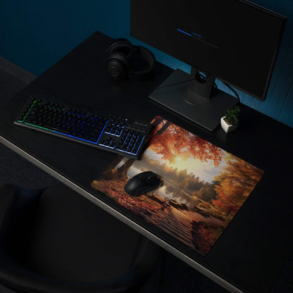 Autumn Forest Lake Scene gaming mouse pad with orange trees, sunlight, non-slip base