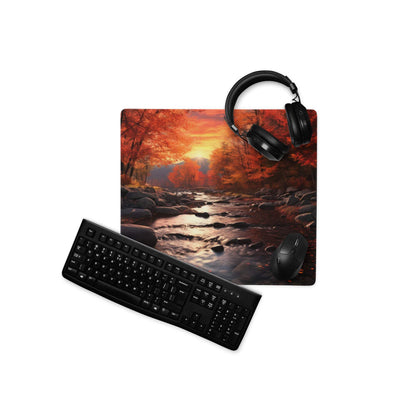Large Autumn Forest River gaming mouse pad with black keyboard and mouse