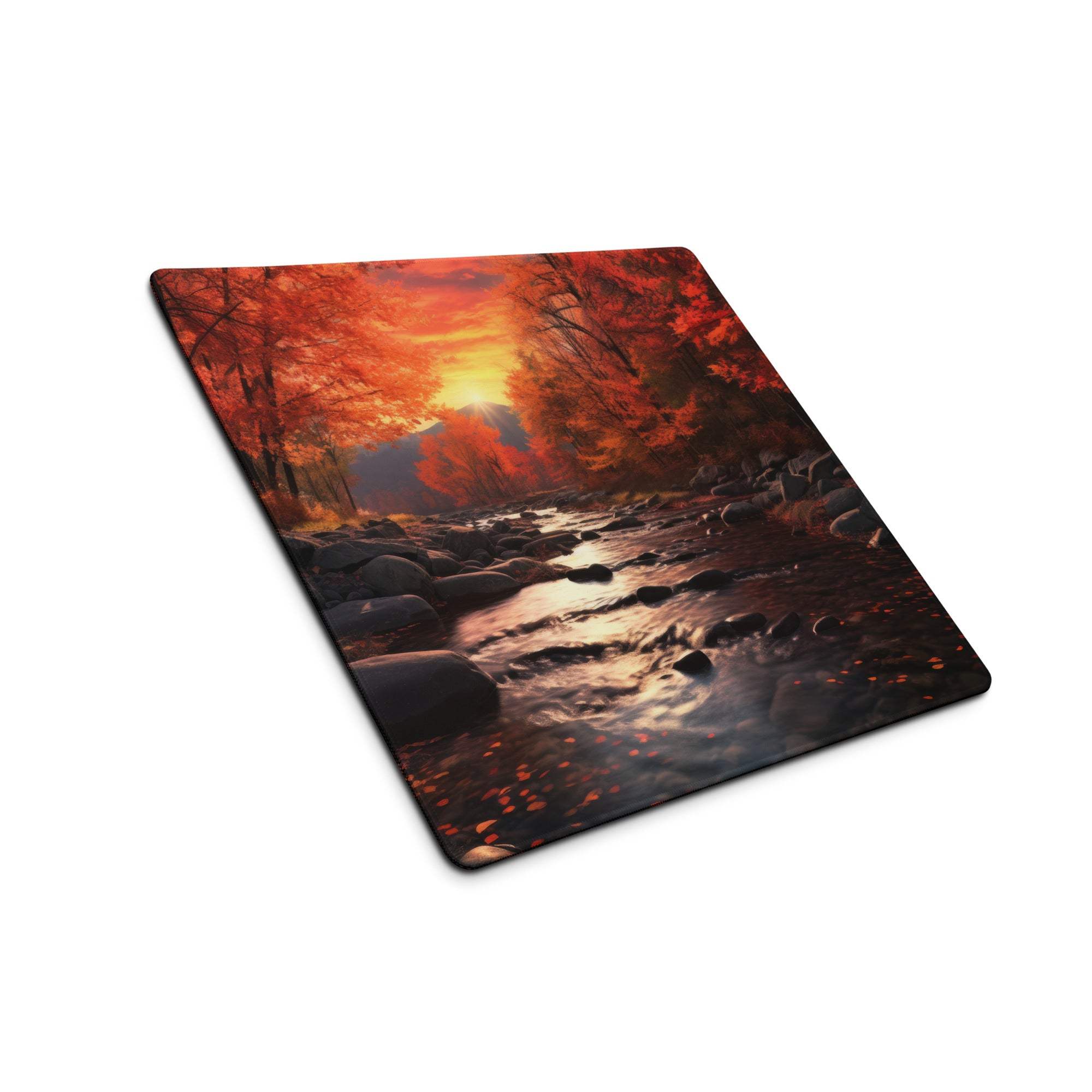 Large autumn forest river gaming mouse pad with sunset scene and non-slip base