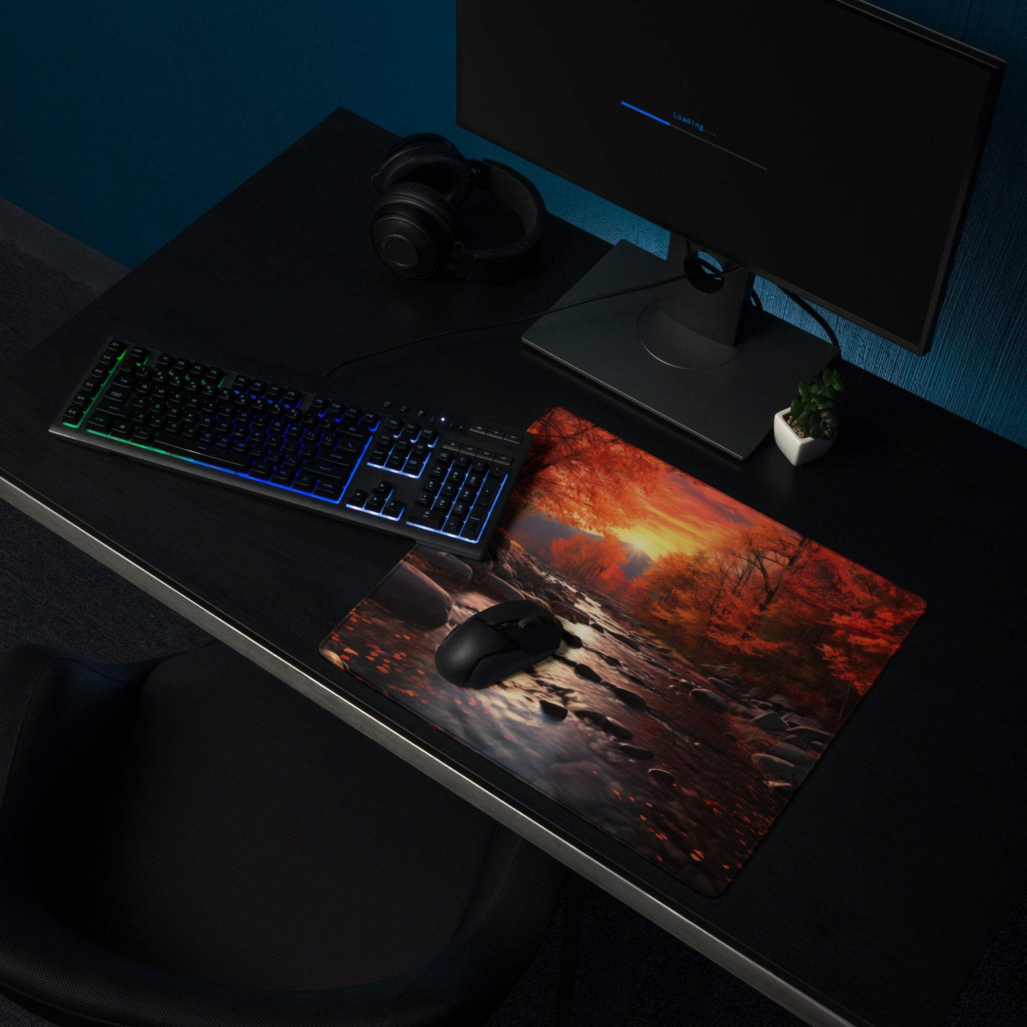 Large Autumn Forest River gaming mouse pad with sunset, non-slip base