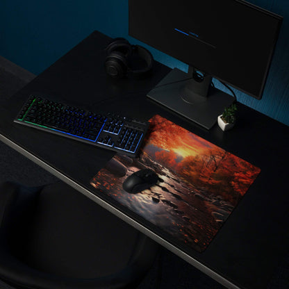 Large Autumn Forest River gaming mouse pad with sunset, non-slip base