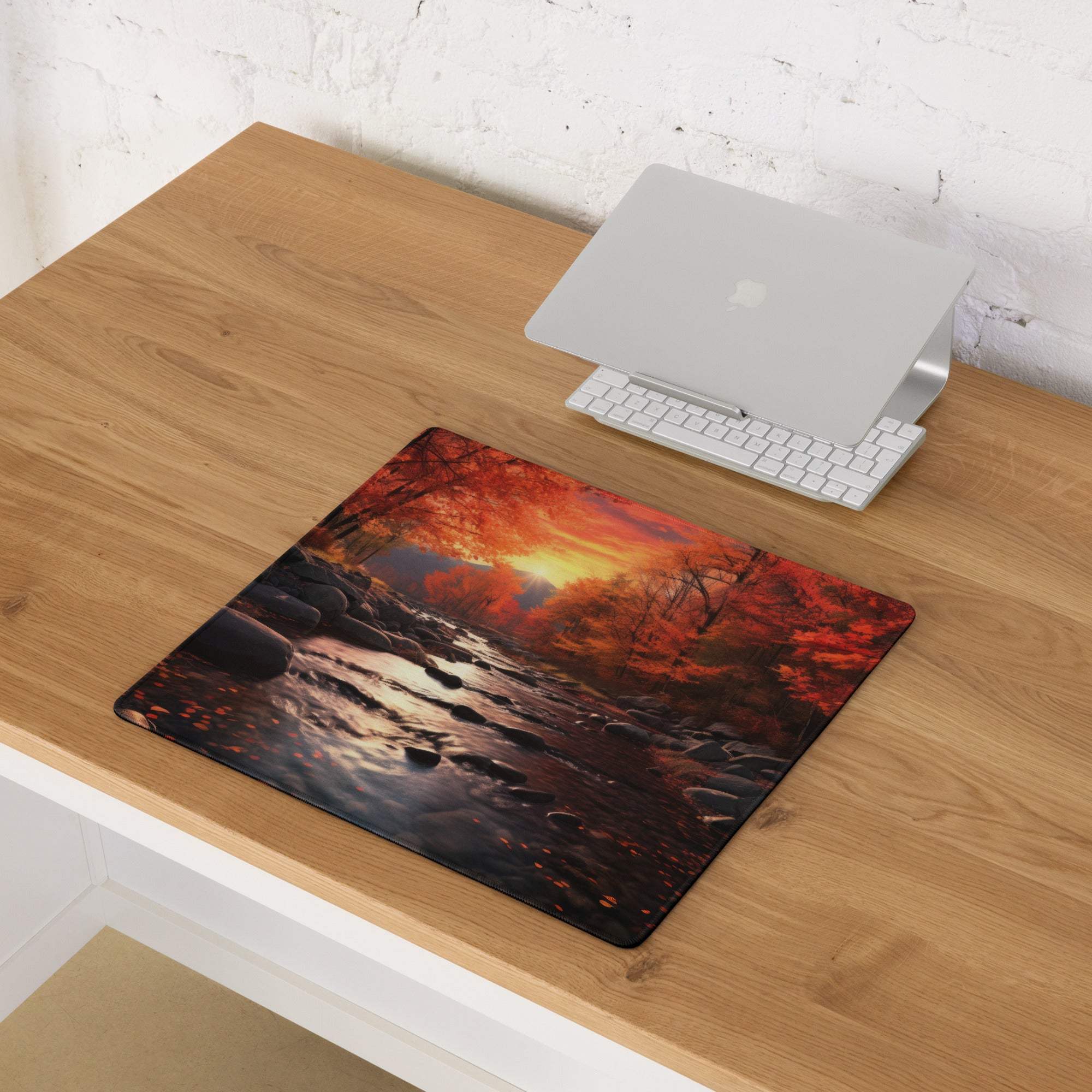 Large Autumn Forest River gaming mouse pad with sunset foliage and non-slip base