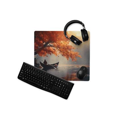 Serene autumn lake boat gaming mouse pad with orange leaves, non-slip base