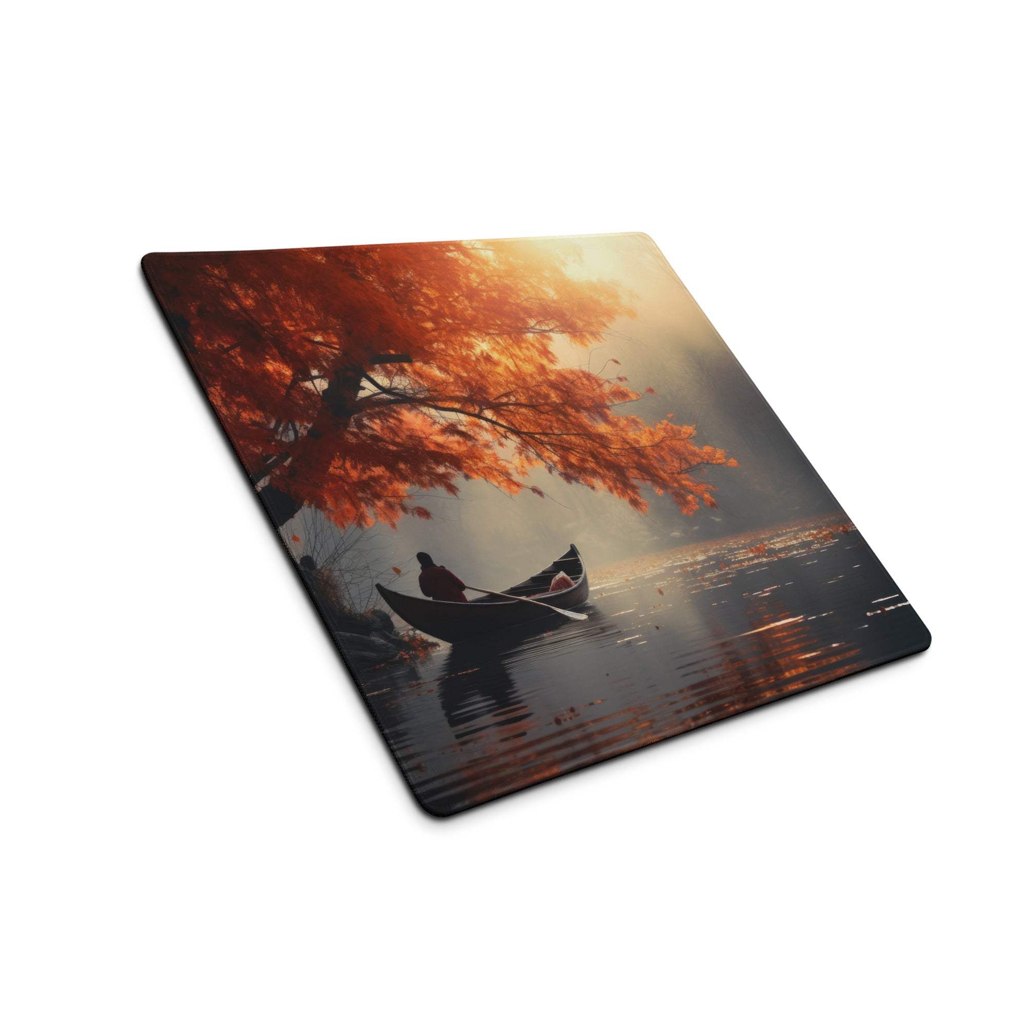 Serene autumn lake canoe gaming mouse pad with non-slip base