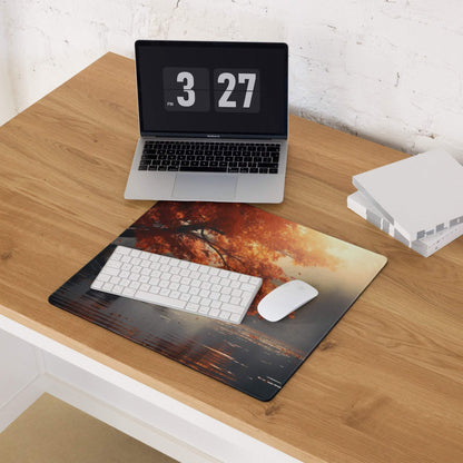 Serene warm autumn lake boat scene gaming mouse pad with non-slip base