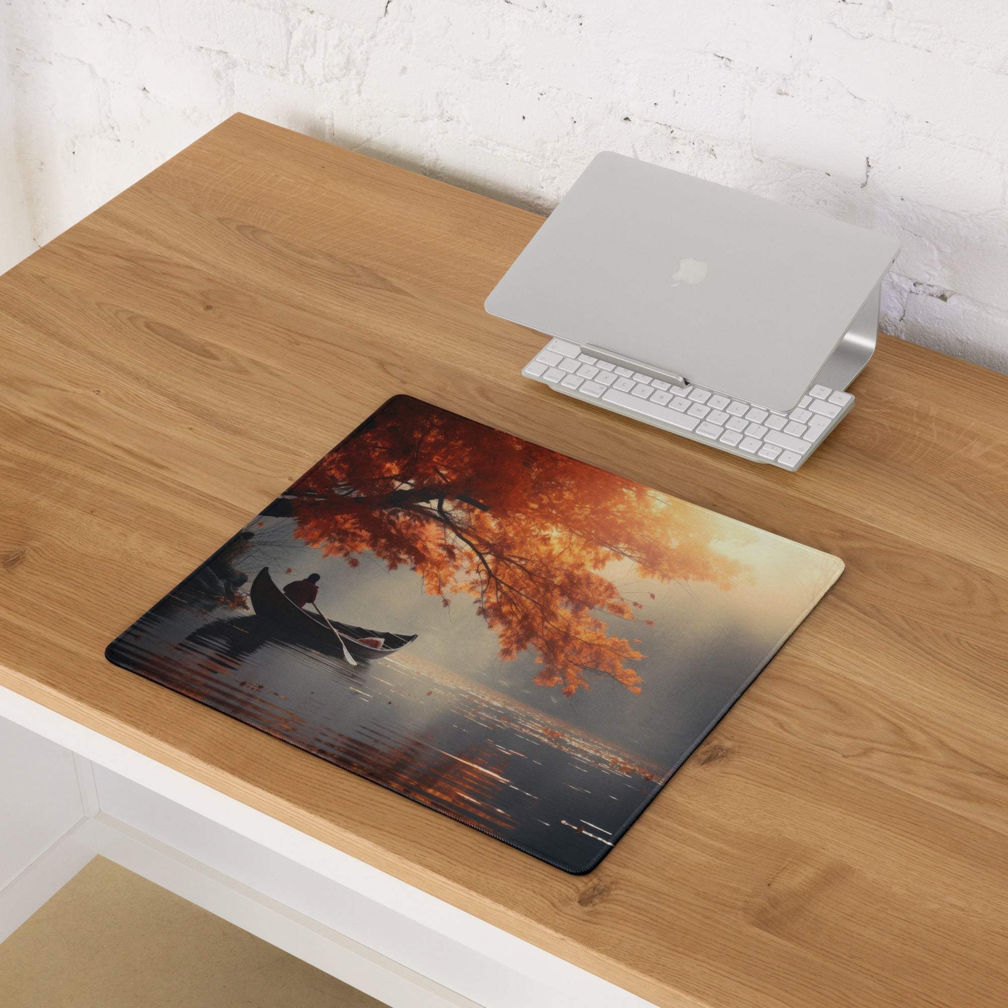Serene autumn lake boat gaming mouse pad with non-slip base