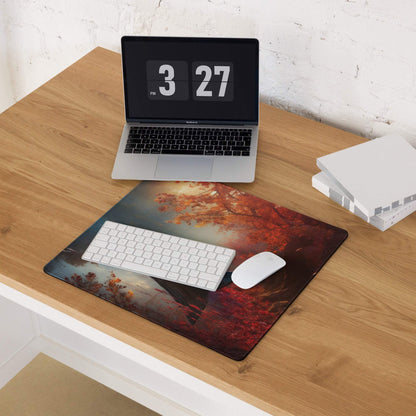 Large Autumn Lake Boat Scene Gaming Mouse Pad with Fiery Forest Leaves