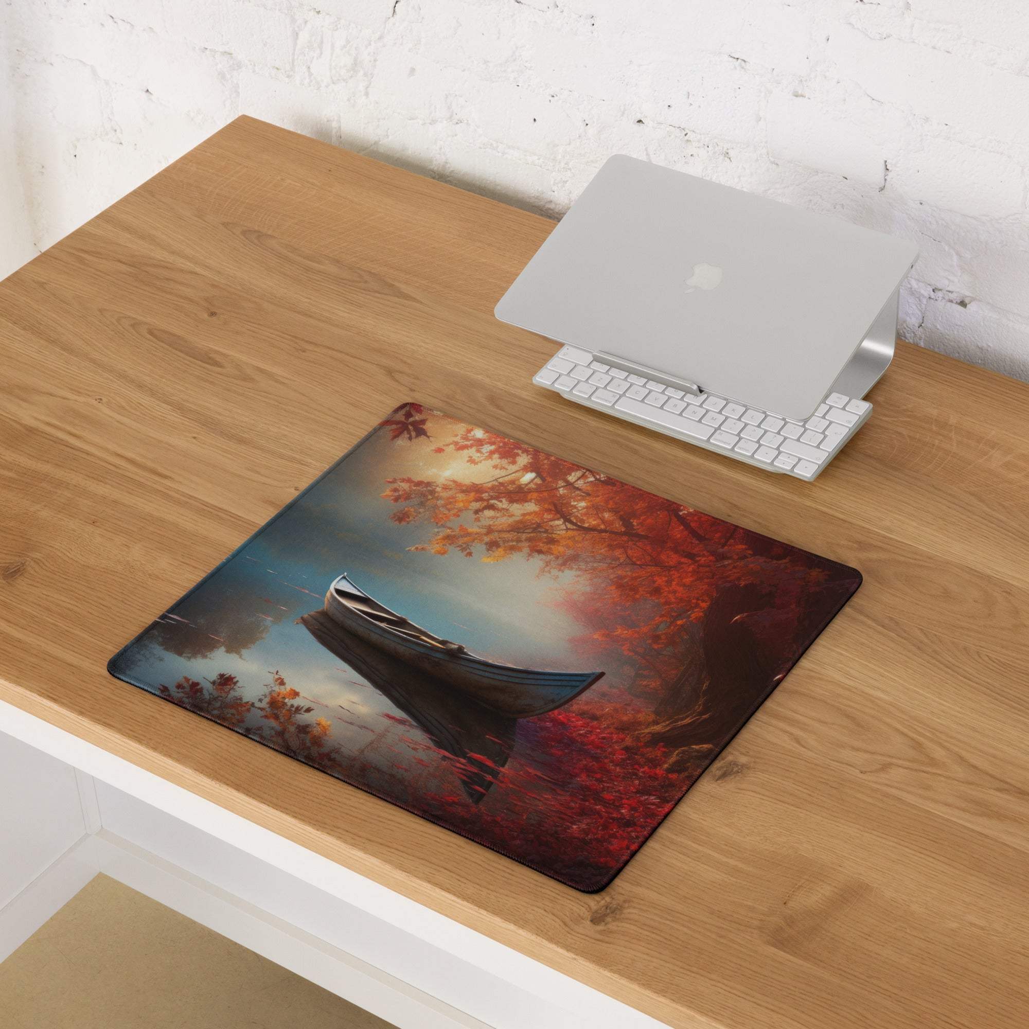 Large Autumn Lake Boat Scene Gaming Mouse Pad with vivid fiery maple trees