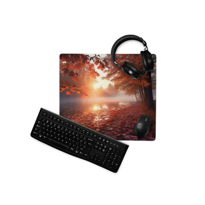 Black matte keyboard with standard keys on vibrant autumn sunset forest mouse pad