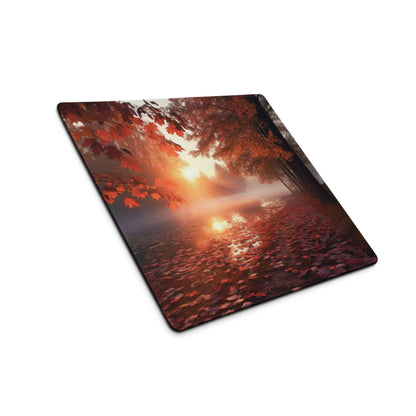 Vibrant autumn sunset forest gaming mouse pad with glowing leaves and misty water