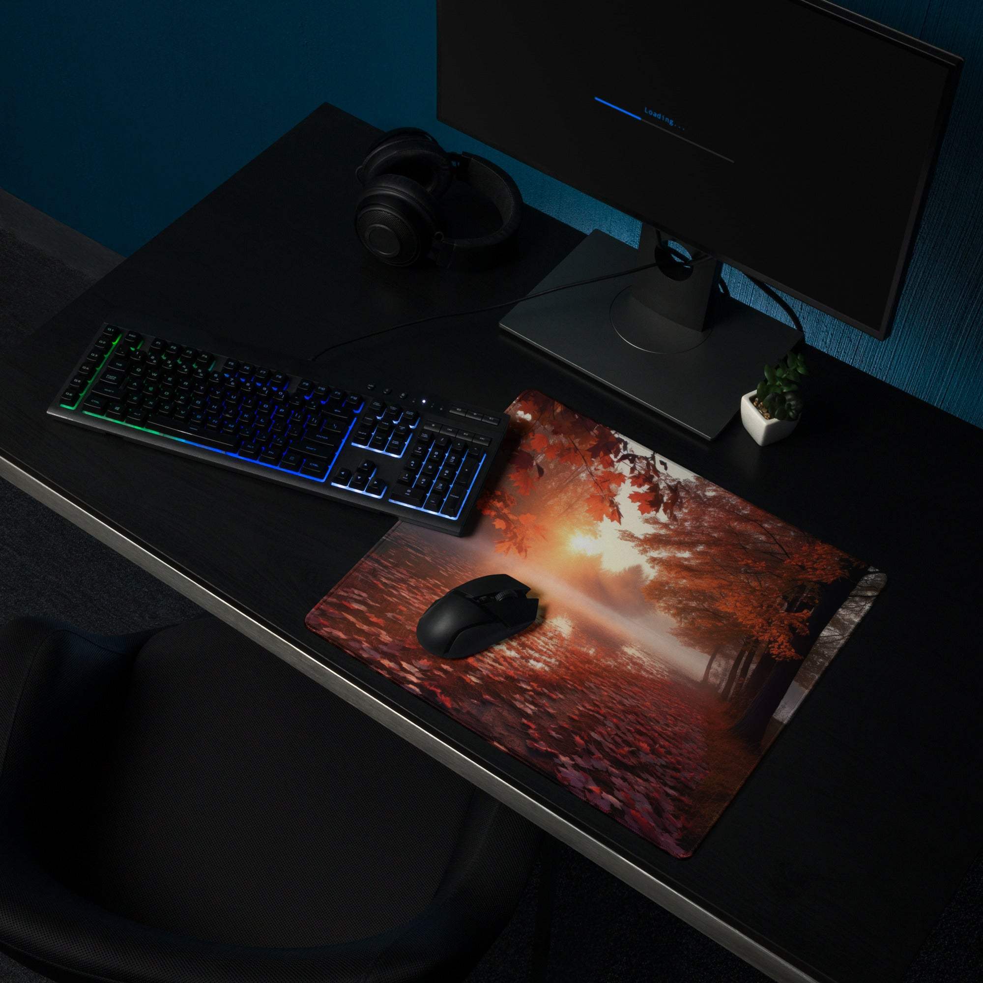 Vibrant autumn sunset forest gaming mouse pad with warm glowing leaves