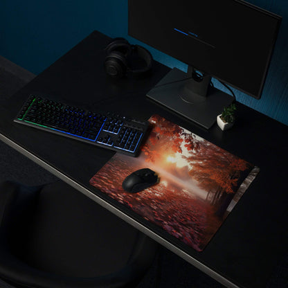 Vibrant autumn sunset forest gaming mouse pad with warm glowing leaves