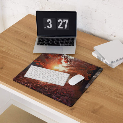 Vibrant autumn sunset forest mouse pad with non-slip backing