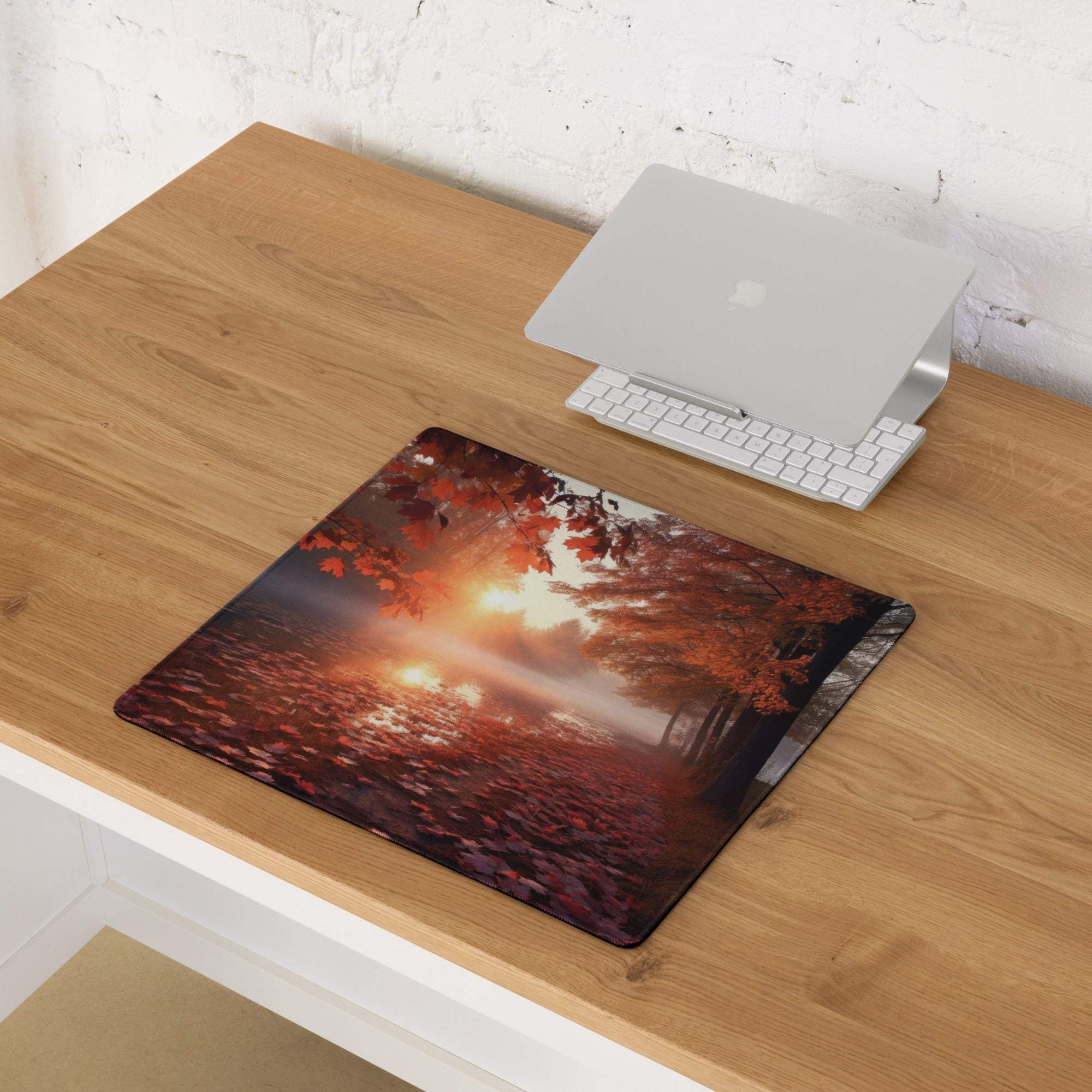 Vibrant autumn sunset forest mouse pad with warm glowing leaves, non-slip gaming surface