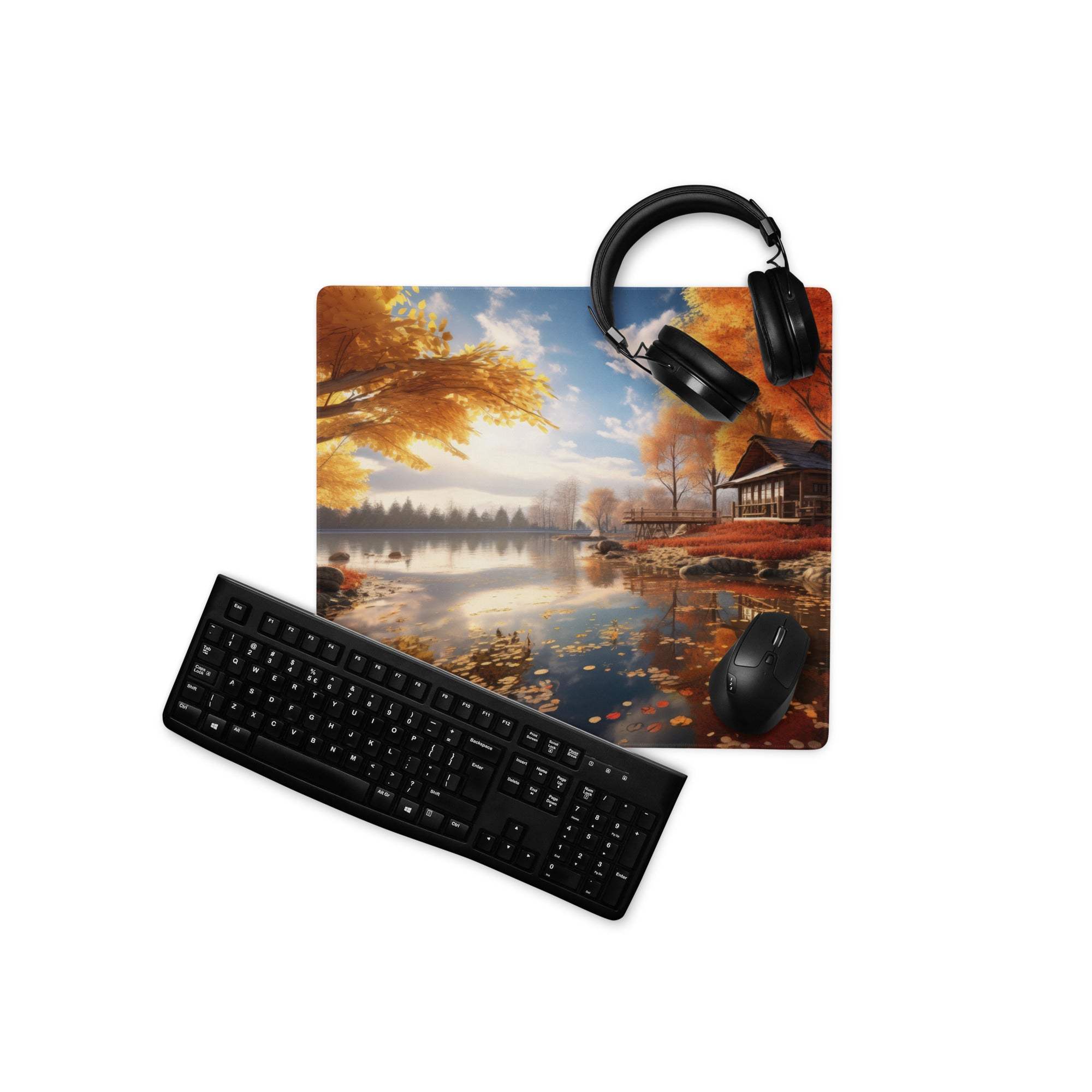 Black matte QWERTY keyboard on Autumn Lakeside cozy gaming mouse pad
