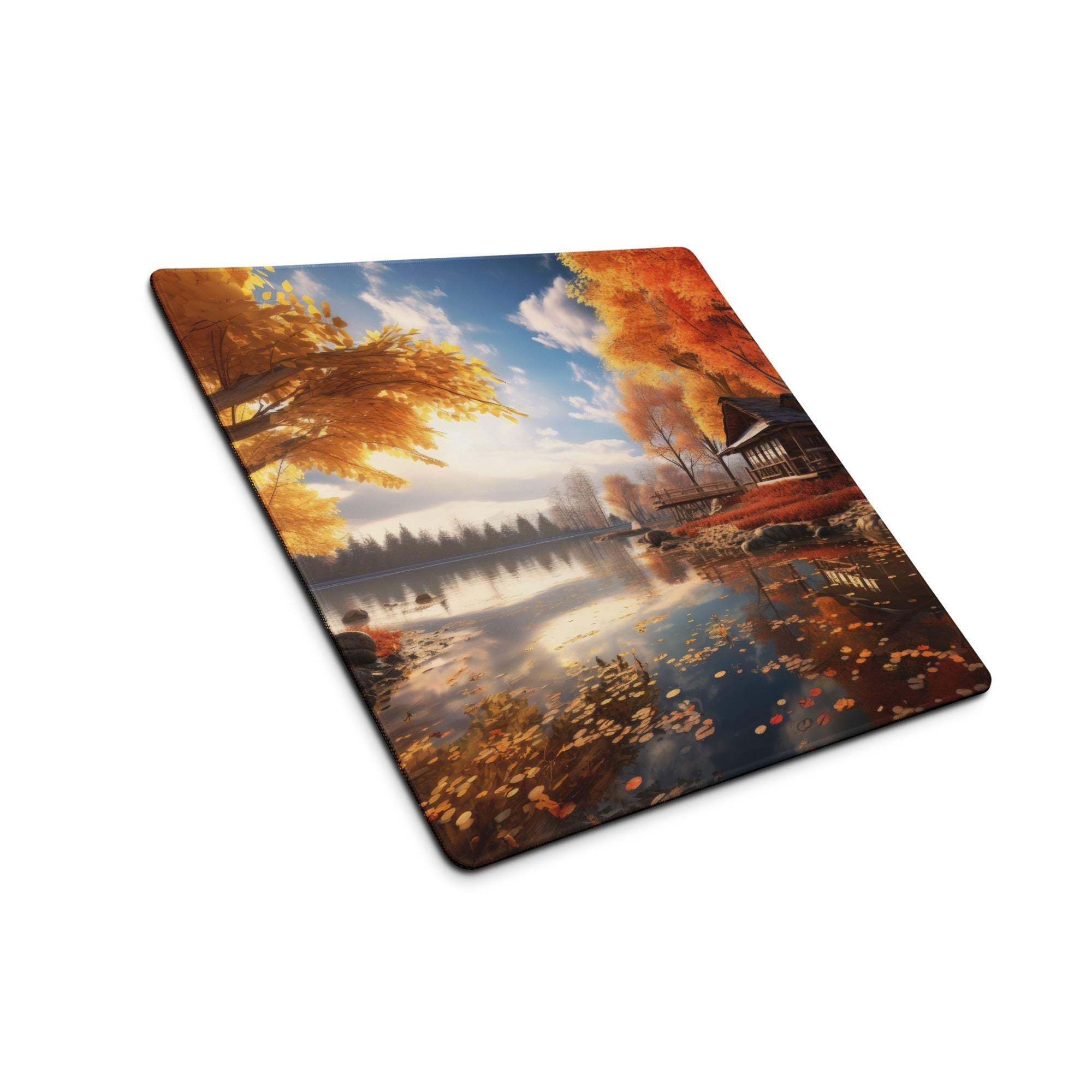 Autumn lakeside gaming mouse pad with golden trees, lake, pavilion