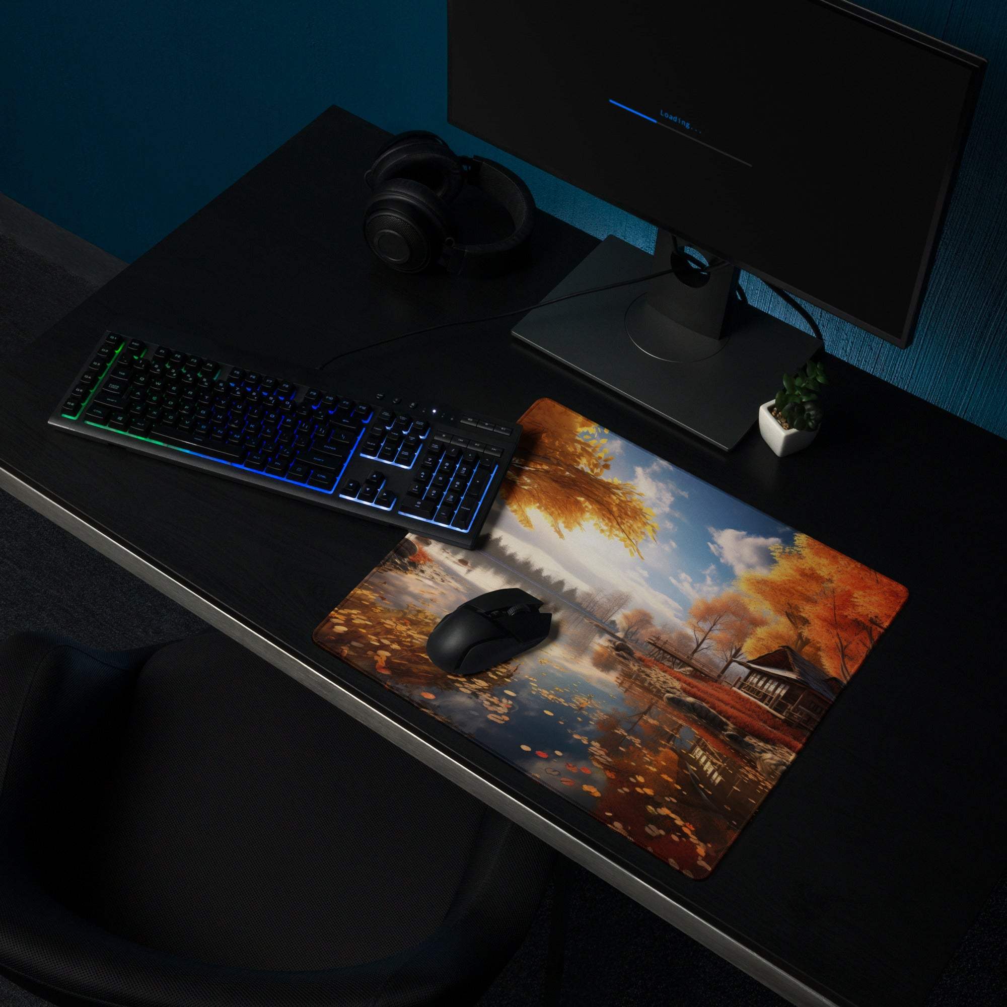 Autumn Lakeside gaming mousepad with falling leaves landscape